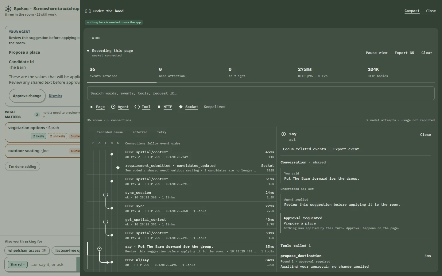 Wire: the agent turn, its tool call, and the approval it staged instead of applying